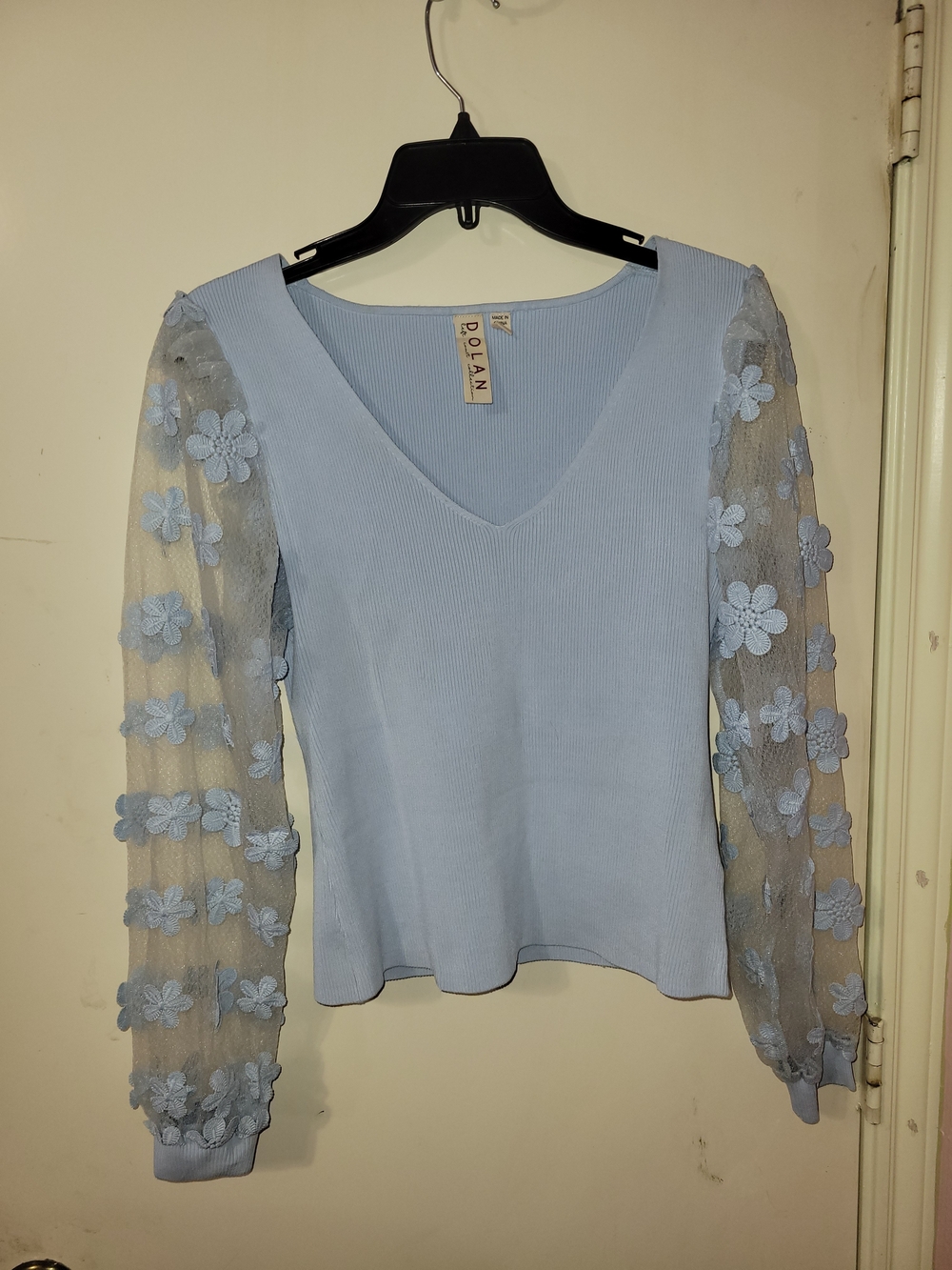 dolan Light Blue V-Neck Knit Top with Floral Mesh Balloon Sleeves